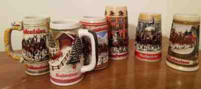 6 Budweiser Holiday Beer Steins Anheuser-Busch A/C Series Christmas 1983-1987