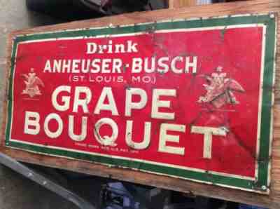 Vintage Anheuser-Bush Prohibition Era Grape Bouquet Tin Sign 39”x18” Embossed