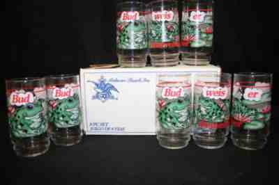 1995 NOS Indiana Glass Budweiser Frogs Bud-Weis-er Frog 16 Oz Glasses Set of 8