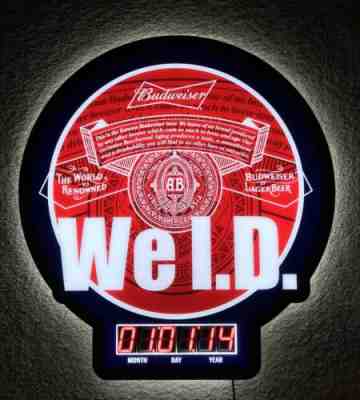 Budweiser Beer We I.D. Digital Clock Date LED Beer Sign 22x20” Brand New In Box!