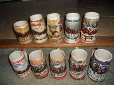 Lot of 10 vintage BUDWEISER Holiday Steins 1980-1989 beer mugs 