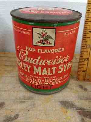 1900s FULL BUDWEISER BARLEY MALT SYRUP 2.5# PAPER LABELED CAN-ST LOUIS MO!!