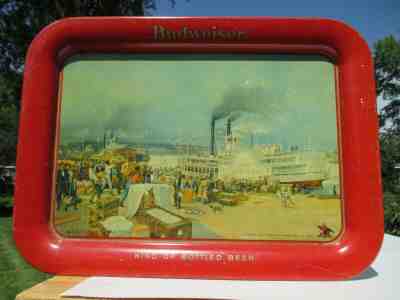 ANHEUSER BUSCH BUDWEISER 1919 TRAY~EADS BRIDGE~ROBERT E.LEE STEAMBOAT~LEVEE