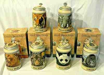 BUDWEISER SET OF SIX ENDANGERED SPECIES LIDDED BEER STEINS 