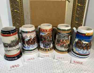 Vintage Budweiser Beer Christmas Holiday Steins 1990, '93, '94, '97, '00 - set 5