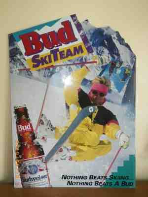 BUDWEISER Bud 90's Retro Ski Team Metal Tin Sign Nothing Beats Skiing Cabin Bar