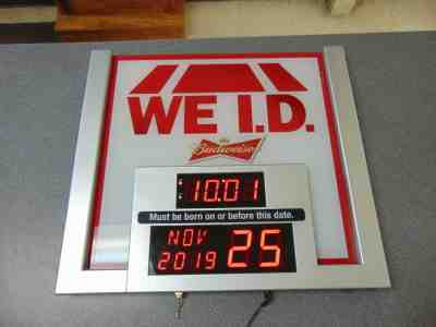 Budweiser Beer We ID Light Up Digital LED Bar Sign Clock -Displays Legal ID Date