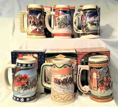 BUDWEISER SET OF 6 HOLIDAY BEER STEINS 1995-2000 BOX'S