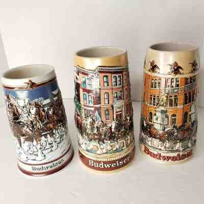 3x VTG 1989 Budweiser Cyldesdales Beer Ceramic Mugs Steins Ceramarte St Louis A