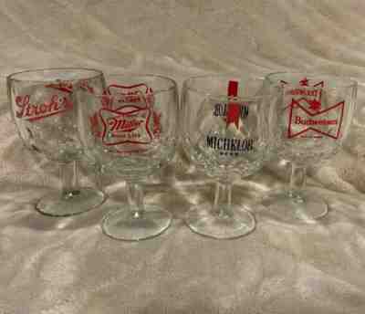 VTG Lot of 4 Thumbprint Goblet Beer Glasses - Stroh's Miller Budweiser Michelob