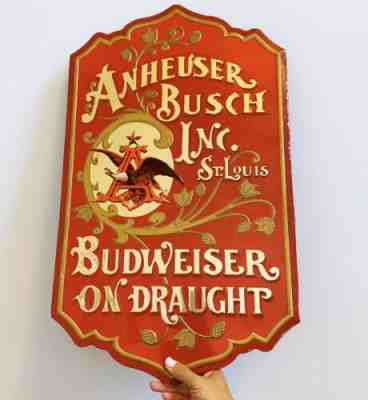 Vintage Anheuser Busch Budweiser On Draught Beer Embossed Red Gold Metal Sign