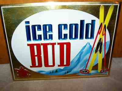 Vintage RARE ICE COLD BUD SKI Beer Sign BUDWEISER Skiing Ad Anheuser Busch Poles