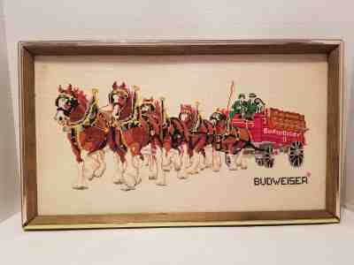 Vintage Budweiser Beer Needlepoint Picture Clydesdales Pulling Wagon