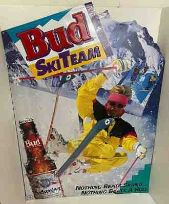 BUDWEISER Bud 1991 Retro Ski Team Metal Tin Sign Nothing Beats Skiing Man Cave 