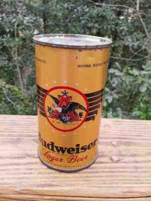 Gold Budweiser flat top beer can. IRTP, opening insructions, Kansas tax stamp.