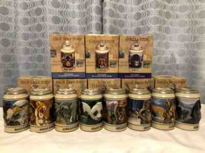 Complete Set 8 Budweiser ENDANGERED SPECIES Lidded Stein Series w Original Boxes