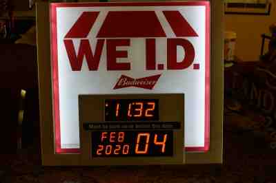 Budweiser We ID Lighted Sign with Digital Clock & Born Before Date 20