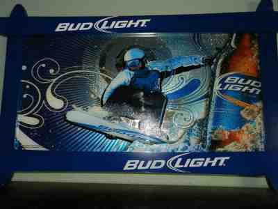 Large BUD LIGHT Snowboarding Action Mirror Beer Sign Excellent Cond.  Man Cave! 