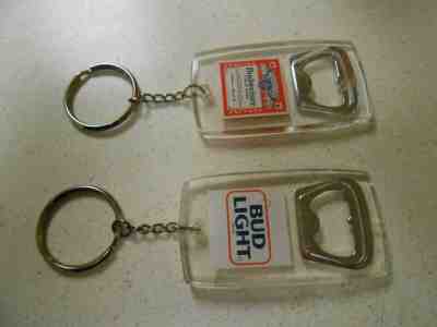 2 VINTAGE BUDWEISER & BUD LIGHT BEER BOTTLE OPENERS LUCITE & METAL KEYCHAINS TOO