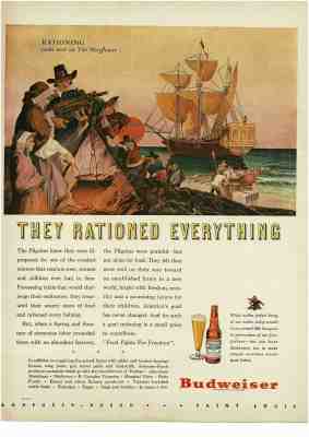 1944 BUDWEISER Beer Pilgrims Mayflower Plymouth Rock art Vintage Print Ad 