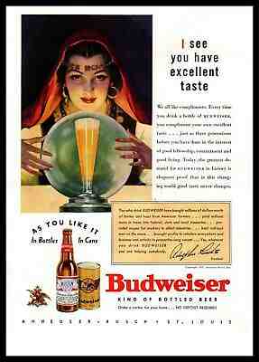 1937 Fortune Teller Crystal Ball Budweiser Beer In Bottles & Cans Color Print Ad