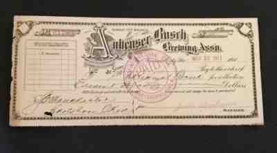 Anheuser Busch Brewing Assn. Kansas City, Mo. 1911 Antique Check-Breweries