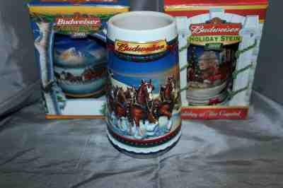 2000, 2001 & 2002 Budweiser Holiday Stein Beer Mug Collector Series Lot-2 boxes