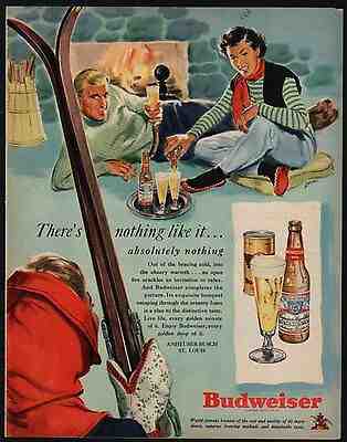 1949 BUDWEISER BEER AD Ski Lodge Cabin Skiers Lucia Apres Ski Art Illustration