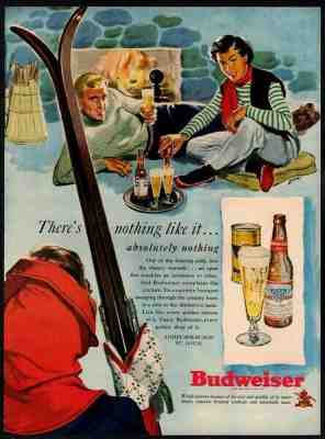 1949 BUDWEISER Beer - 2 Sexy Woman - Ski's -Fireplace- Drinks -  VINTAGE AD