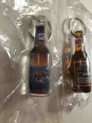 Budweiser And Miller Lite Beer Bottle Keychains Key Rings New