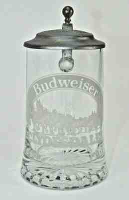 VTG Budweiser Faux Pewter Lidded Beer Stein With Etched Glass Clydesdale Horse