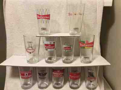 11 different Budweiser Retro Pint Beer Glasses EUC N