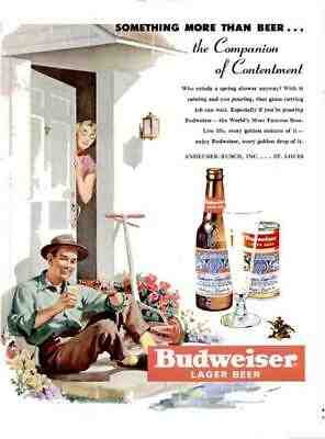 1951 Budweiser PRINT AD beer after yardwork Willys