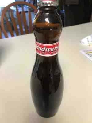 Budweiser 1997 Bowling Pin 1 Pint Full Glass Beer Bottle