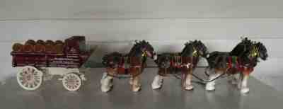 Budweiser beer wagon with 6 Clydesdale horses, painted porcelain