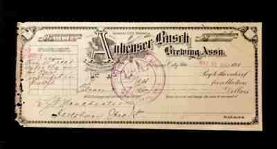 Anheuser Busch Brewing Assn. Kansas City, Mo. 1911 Antique Check-Breweries