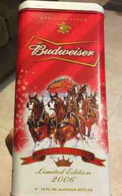 BUDWEISER HOLIDAY TIN + 4 ALUMINUM BEER BOTTLES 2006 LIMITED EDITION W/ COASTERS