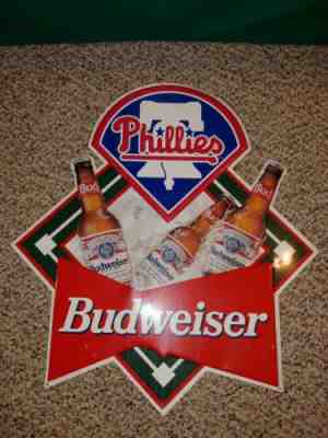 Vintage 1993 Philadelphia Phillies Budweiser Beer Embossed Tin Wall Bar Sign