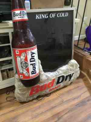 Huge Budweiser Bud Dry King Of Cold Light Up Sign And Mirror With 3d Bottle VTG.