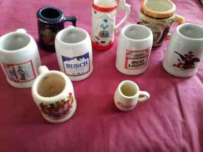 9 Ceramic Miniature Mugs and Steins, Anheuser Busch,Bud, Busch, German Types