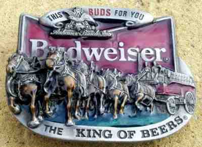 Rare Budweiser metal Belt Buckle unique number 1987 Pewter Clydesdales 