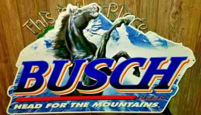 Vintage Tin Metal Head For The Mountains Busch Beer W/Horse Sign 33 x 22 LARGE