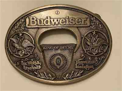 1980s Budweiser Beer Anheuser-Busch Brass Belt Buckle & Bottle Opener N-40-17