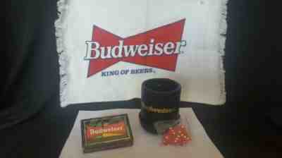 VINTAGE Promo BUDWEISER Playing Poker Cards, Leather Dice & Cup, Hand Towel NEW