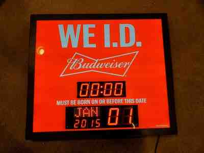 NEW Budweiser WE ID Digital Sign Light Clock Born Before Date