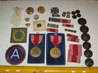 vintage junk drawer lot pins buttons medals Military Budweiser 1941 Barrel Team.