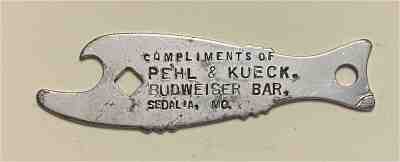 1910s Budweiser Bar Pehl and Kueck Sedalia MO Fish Shaped Bottle Opener A-42-17