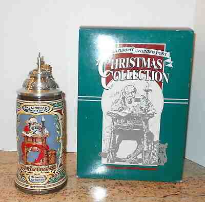 BUDWEISER SANTA'S MAILBAG #1 STEIN SAT EVENING POST 1992 GERZ LIDDED BEER MUG