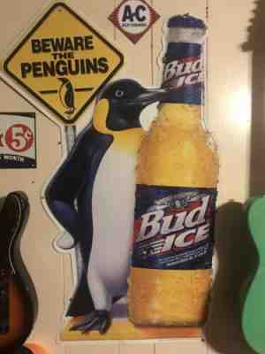 Bud Ice beer BEWARE THE PENGUINS tin sign from 1990's Anheuser Busch Budweiser