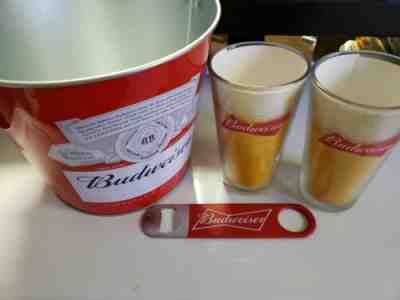 Budweiser Beer Bucket 2 Pint Glass Cups Bottle Opener 4 Pc Gift Set Metallic NEW